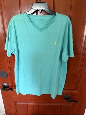 Ralph Lauren V-Neck Tee in Aqua with Yellow Pony NWT